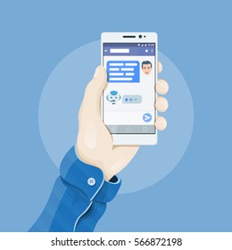 Hand holding smartphone with chatting bot application on the screen. Chatbot concept. Man's hand holding a phone concept. Dialogue on the smartphone screen. Mobile app vector illustration. 