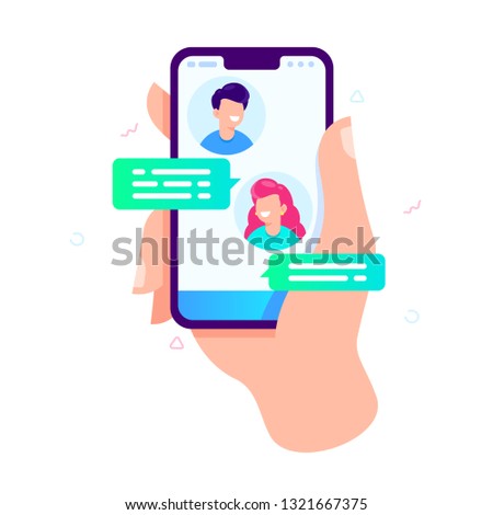 Hand holding smartphone with chatting boy and girl on smartphone screen. Chatting with loved one concept. Finger touch screen. Vector flat cartoon illustration for web sites and banners design.