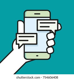 Hand holding smartphone chatting linear icon line vector illustration. Smartphone chat app symbol. 
