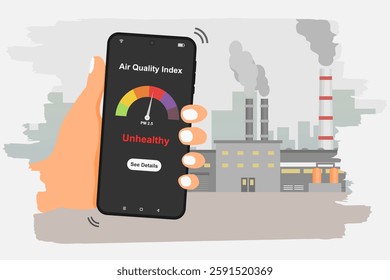 Hand holding smartphone to check air quality index with industrial factory pollution in the background. Vector illustration.