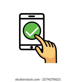 hand holding a smartphone, check mark color icon. isolated flat vector illustration.