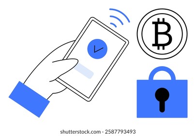 A hand holding a smartphone with a check mark, a Bitcoin symbol, and a security lock icon in blue and black colors. Ideal for mobile payments, cryptocurrency, digital security, fintech