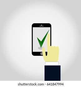Hand holding smartphone with check mark icon on screen. Green checkmark. Finger touches display. Modern thin line flat design graphics elements for banners, websites, mobile apps.