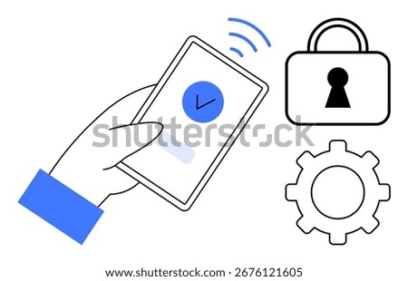 Hand holding a smartphone with check mark, adjacent lock and gear representing security and settings. Ideal for cybersecurity, authentication, mobile security, IT services, data protection, tech