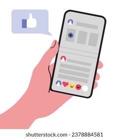 Hand holding a smartphone, checking for likes on social media. Isolated vector illustration in flat design