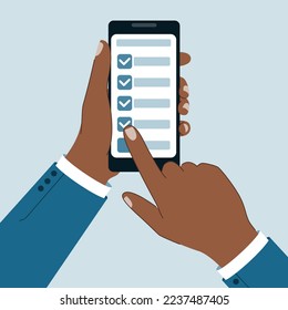 Hand holding smartphone. Checklist on smartphone screen. Finger touch screen.  Vector illustration