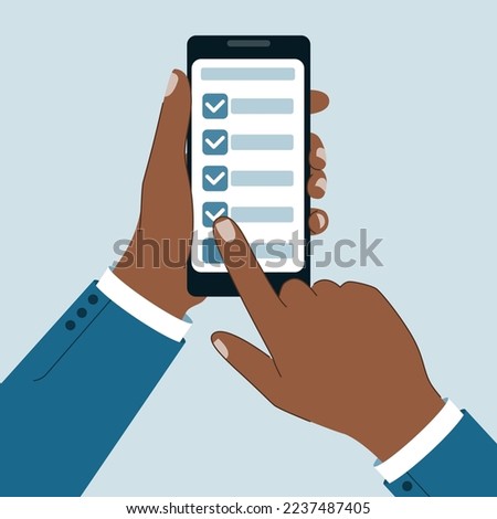 Hand holding smartphone. Checklist on smartphone screen. Finger touch screen.  Vector illustration