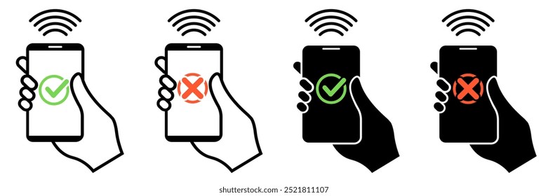 Mano que sostiene el teléfono inteligente con la marca de verificación y los iconos cruzados. Icono de NFC. Icono de conexión a Internet sin Vector