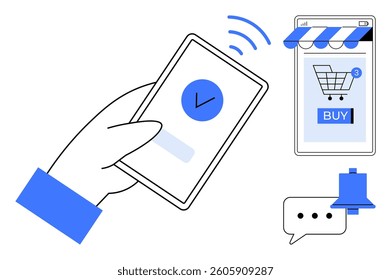 A hand holding a smartphone with a checkmark icon, representing mobile payment. A shopping cart with a buy button on another phone screen, accompanied by a notification bell and a message icon. Ideal