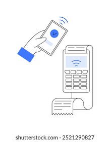 Mano sosteniendo un teléfono inteligente con un símbolo de marca de verificación cerca de un terminal POS. Ideal para comercio electrónico, pagos digitales, transacciones sin contacto, tecnología minorista y métodos de pago seguros. Sencillo, limpio