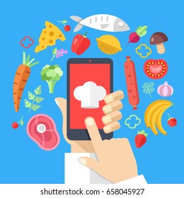 Hand holding smartphone with chef cap on screen and food ingredients around. Cooking concept. Cooking app, online recipes, food delivery, mobile cookbook. Modern flat design vector illustration