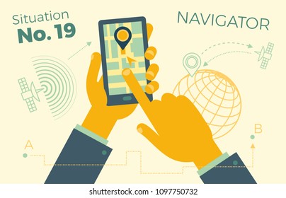 Hand holding smartphone with city map, GPS Navigator on smartphone screen. The concept of mobile navigation. Modern simple flat design for web banners, websites, infographics. Creative vector.