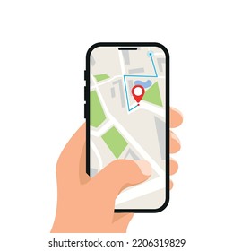 Hand holding smartphone with city map path and location mark on the screen. Mobile gps navigation and tracking concept. Navigation app with map and location pin. Vector flat illustration
