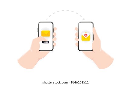Hand holding smartphone with closed envelope, send button and notification with heart. Hand holding phone with heart emoji. Love messages. Happy Valentines Day concept. Vector flat illustration
