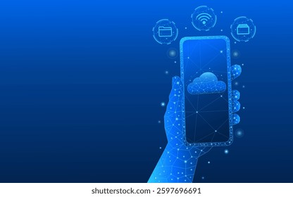 Hand holding smartphone in close-up. Abstract cloud storage icon. Cloud technology system