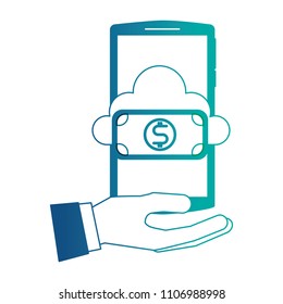 hand holding smartphone with cloud computing dollar banknote