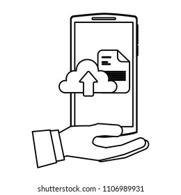 hand holding smartphone with cloud computing upload data