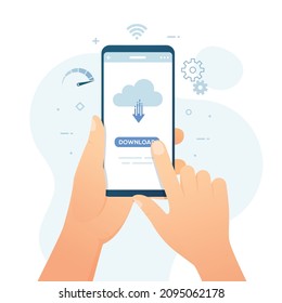 Ilustración vectorial del botón de descarga y nube que contiene el smartphone