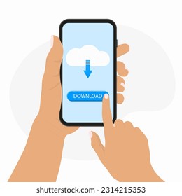 Hand holding smartphone with cloud and download button. Vector Illustration. 