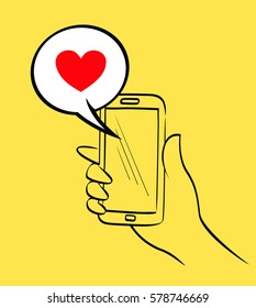 hand holding smartphone with cloud love icon