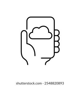 Mano que sostiene el smartphone con la nube en él. Fácil acceso móvil al almacenamiento virtual de archivos. Icono de Vector perfecto de píxeles