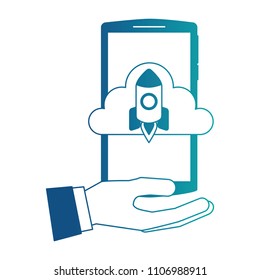 hand holding smartphone with cloud storage rocket startup