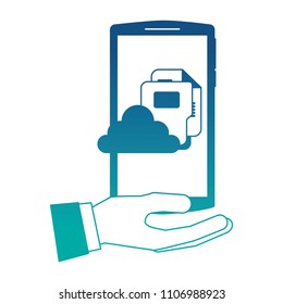 hand holding smartphone with cloud storage folder data file