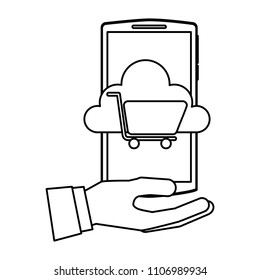 hand holding smartphone with cloud storage shopping cart