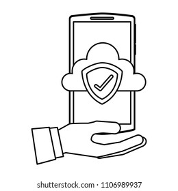 hand holding smartphone with cloud storage shield checkmark protection