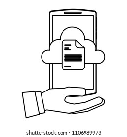 hand holding smartphone with cloud storage and document