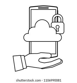 hand holding smartphone with cloud storage cybre security