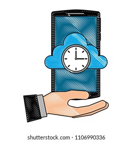 hand holding smartphone with cloud storage clock time business