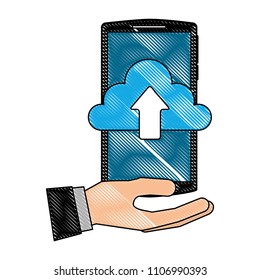 hand holding smartphone with cloud storage upload arrow