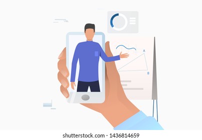 Hand holding smartphone with coach on screen. Application, service, study concept. Vector illustration can be used for topics like knowledge, education, online course