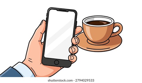 Hand holding smartphone with coffee cup