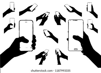 hand is holding smartphone collection in silhouette clip art icon multiple design by vector on white background