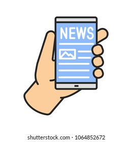 Hand holding smartphone color icon. Electronic newspaper. Online news. Isolated vector illustration