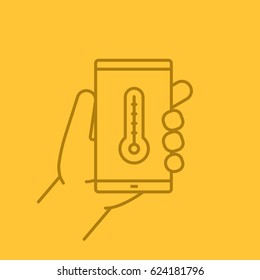 Hand holding smartphone color linear icon. Smart phone weather forecast app. Thin line contour symbols on color background. Vector illustration