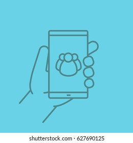 Hand holding smartphone color linear icon. Smart phone contacts. Thin line contour symbols on color background. Vector illustration