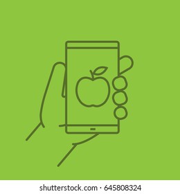 Hand holding smartphone color linear icon. Smart phone dieting app. Thin line outline symbols on color background. Vector illustration