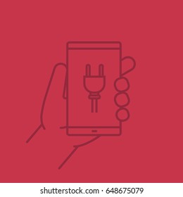 Hand holding smartphone color linear icon. Smart phone charging. Thin line outline symbols on color background. Vector illustration