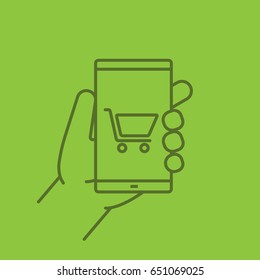 Hand holding smartphone color linear icon. Smart phone shopping app. Thin line outline symbols on color background. Vector illustration