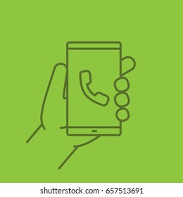 Hand holding smartphone color linear icon. Smart phone incoming call. Thin line outline symbols on color background. Vector illustration