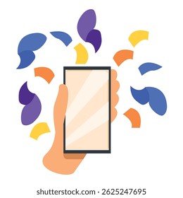 Mão segurando um smartphone com formas abstratas coloridas que aparecem na tela