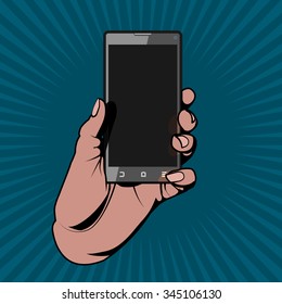 The Hand Holding The Smartphone As In A Comic Book Image.Vector Illustration