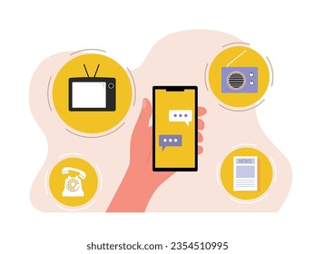 Hand holding a smartphone with  communication applications, call, tv, radio and newspapers virtually online. Character design. Vector flat illustration