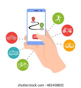 A hand holding a smartphone. The concept of choice of transport from home to work. On foot, by car or on public transport.