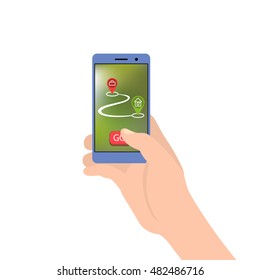 A hand holding a smartphone. The concept of choice of transport from home to work. On foot, by car or on public transport.