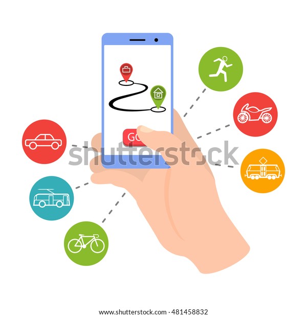 A\
hand holding a smartphone. The concept of choice of transport from\
home to work. On foot, by car or on public\
transport.