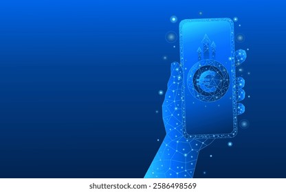 Hand holding a smartphone concept of increasing income, business and finance in euro. 3D money in light blue futuristic style on phone screen and growth chart